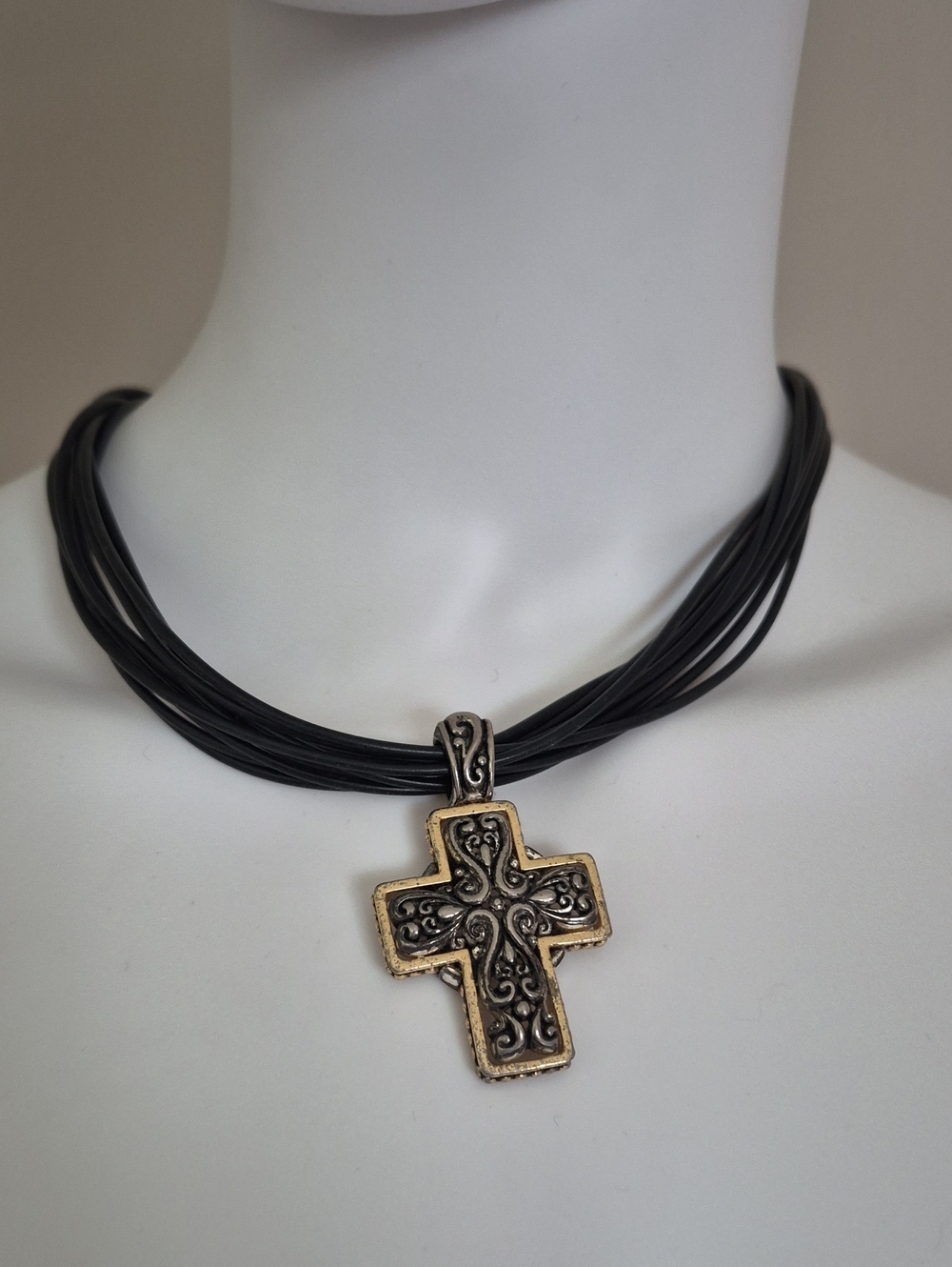Black Multi-Strand Cord Necklace with Gold-Tone Filigree Cross Pendant